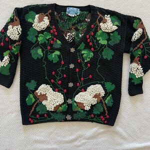 Vtg Lisa Coufal Hand Knit Cardigan Sweater Forest Motif Leaves Berries Cotton Xl